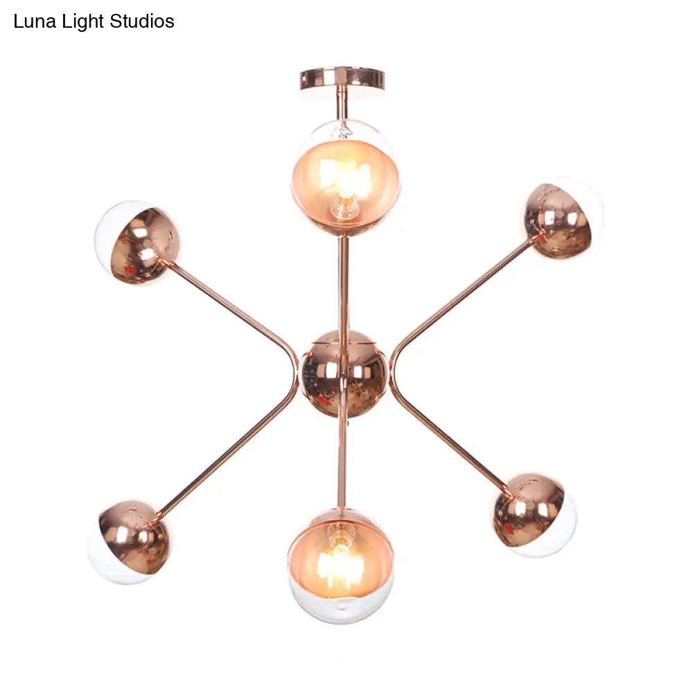 Contemporary Rose Gold Led Chandelier With Amber Glass Shade 6-Light Bedroom Ceiling Lamp