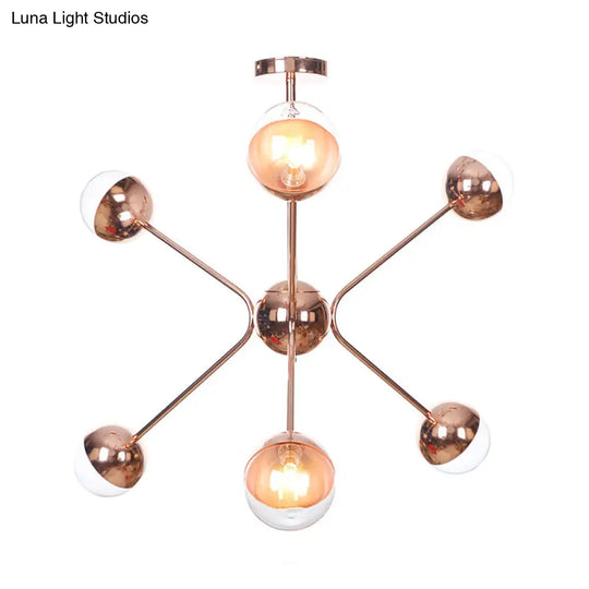 Contemporary Rose Gold Led Chandelier With Amber Glass Shade 6-Light Bedroom Ceiling Lamp