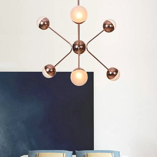 Contemporary Rose Gold Led Chandelier With Amber Glass Shade 6-Light Bedroom Ceiling Lamp