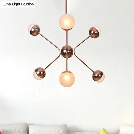 Contemporary Rose Gold Led Chandelier With Amber Glass Shade 6-Light Bedroom Ceiling Lamp