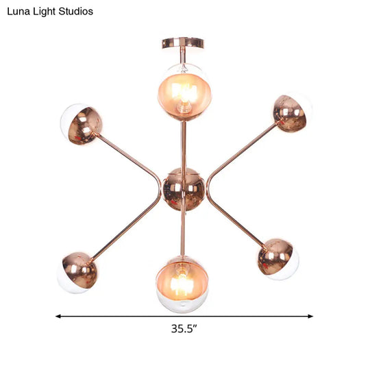 Contemporary Rose Gold Led Chandelier With Amber Glass Shade 6-Light Bedroom Ceiling Lamp