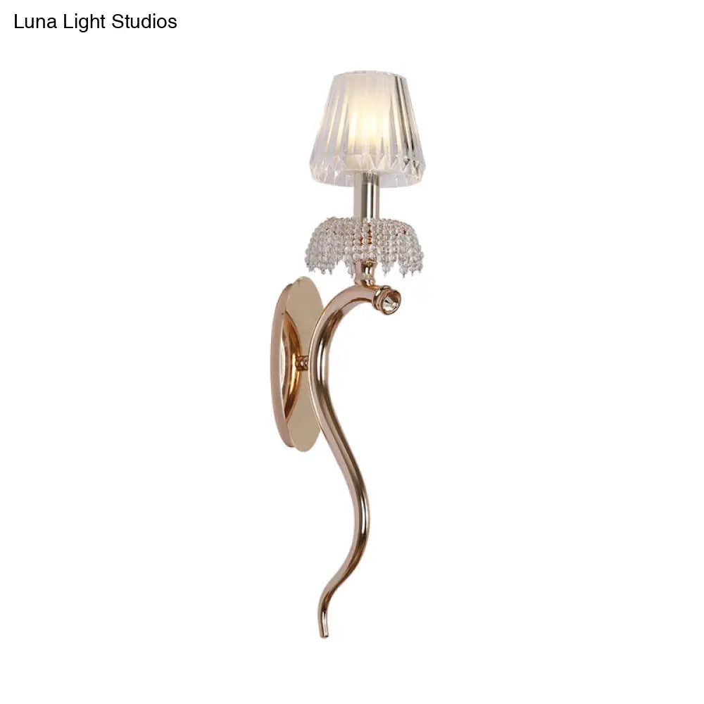 Contemporary Rose Gold Wave Sconce With Clear Ribbed Glass Shade - Wall Mounted Metal Lighting