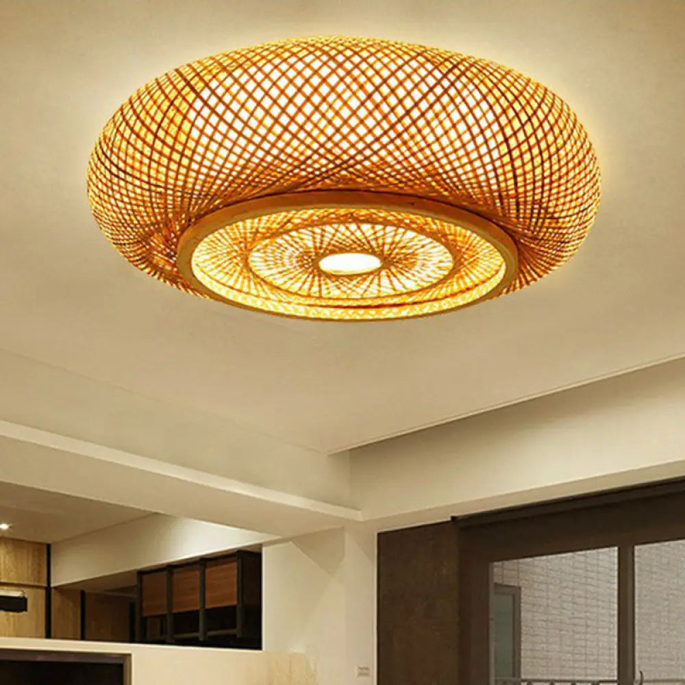 Contemporary Round Bamboo Flush Ceiling Light For Single Bedroom - Wood Finish / 16