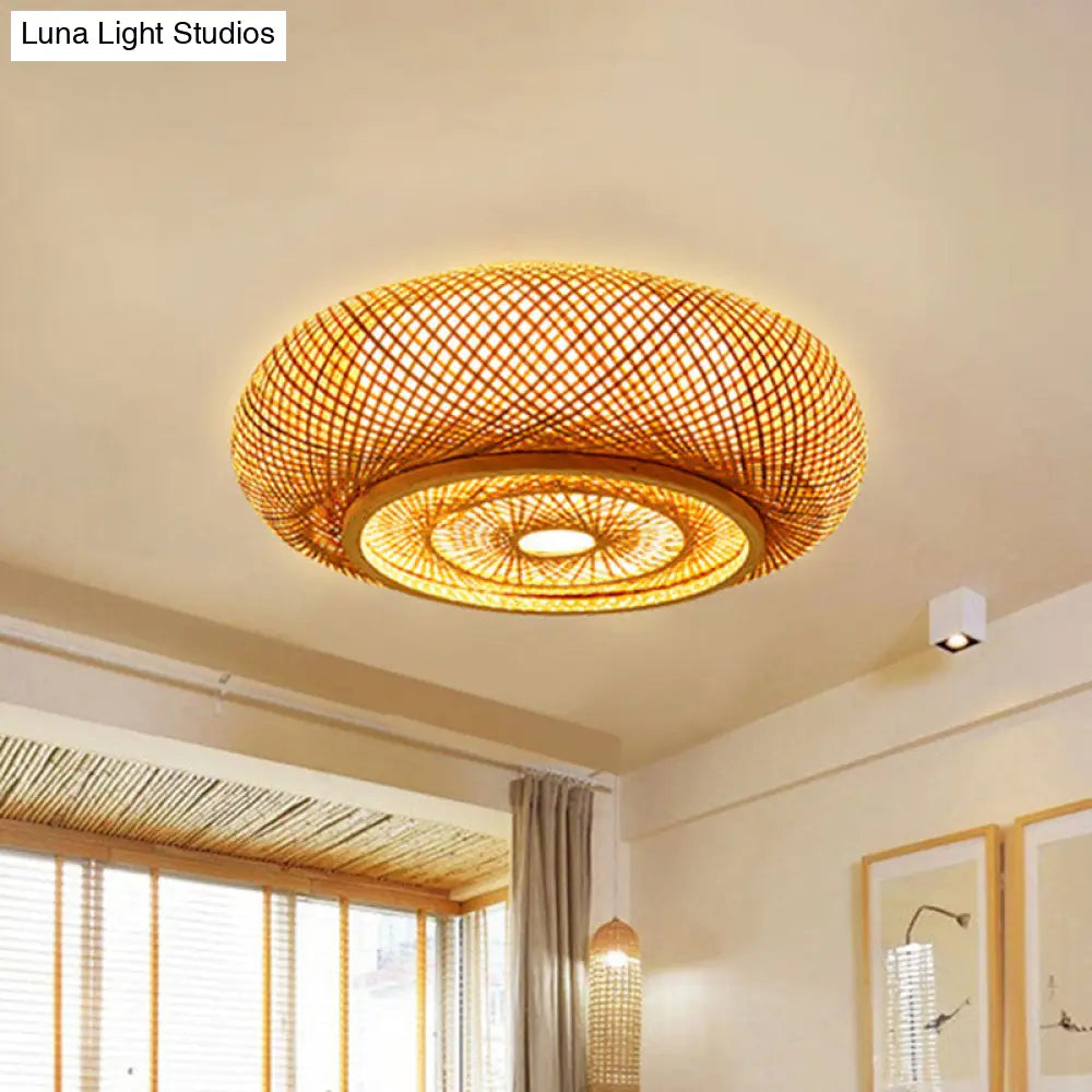 Contemporary Round Bamboo Flush Ceiling Light For Single Bedroom - Wood Finish