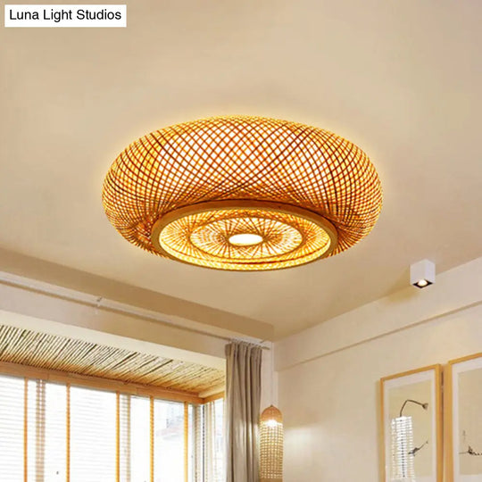 Contemporary Round Bamboo Flush Ceiling Light For Single Bedroom - Wood Finish