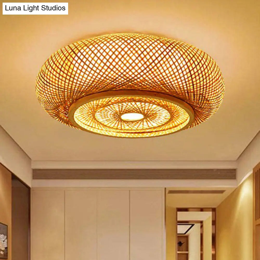 Contemporary Round Bamboo Flush Ceiling Light For Single Bedroom - Wood Finish