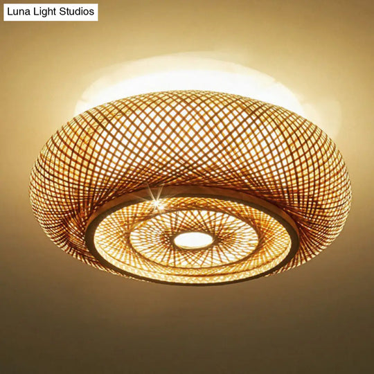 Contemporary Round Bamboo Flush Ceiling Light For Single Bedroom - Wood Finish