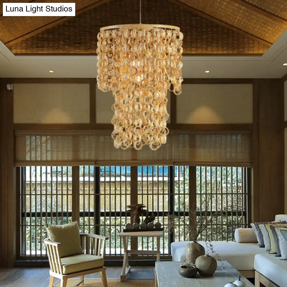 Contemporary Beige Round Ceiling Light With Bamboo Pendant And Tassel Deco