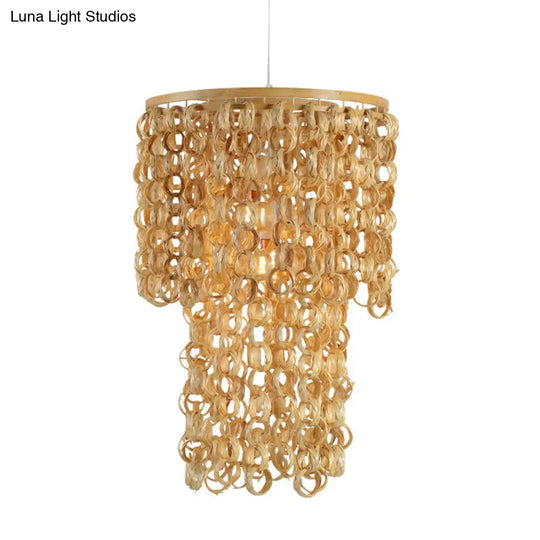 Contemporary Beige Round Ceiling Light With Bamboo Pendant And Tassel Deco