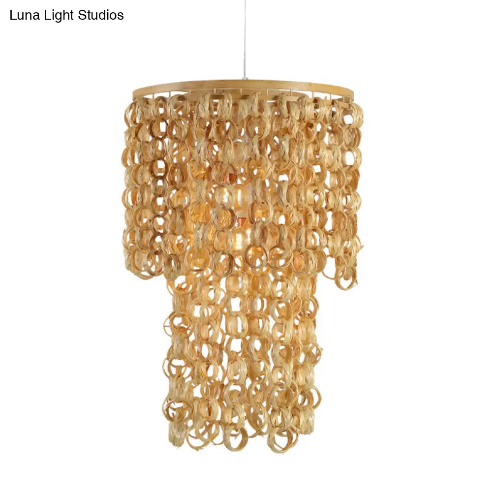 Contemporary Round Beige Bamboo Pendant Ceiling Light With Tassel Deco