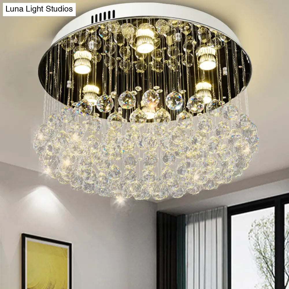 Contemporary Round Crystal Ball Flushmount Ceiling Mount Light - 6 Heads Nickel Fixture