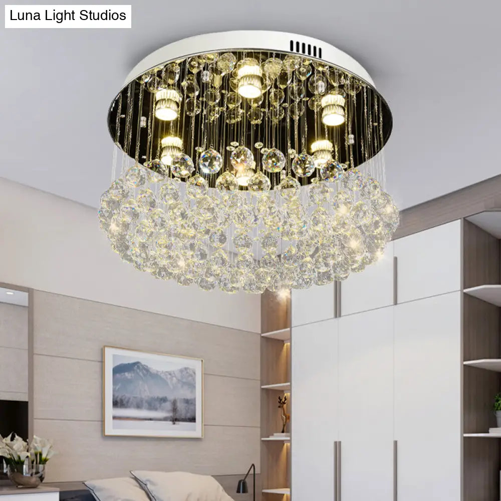 Contemporary Round Crystal Ball Flushmount Ceiling Mount Light - 6 Heads Nickel Fixture