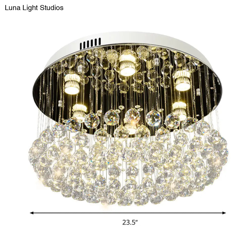 Contemporary Round Crystal Ball Flushmount Ceiling Mount Light - 6 Heads Nickel Fixture