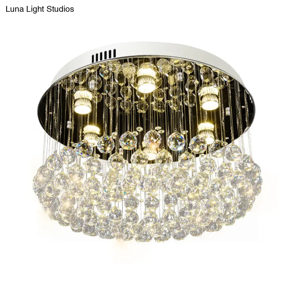 Contemporary Round Crystal Ball Flushmount Ceiling Mount Light - 6 Heads Nickel Fixture