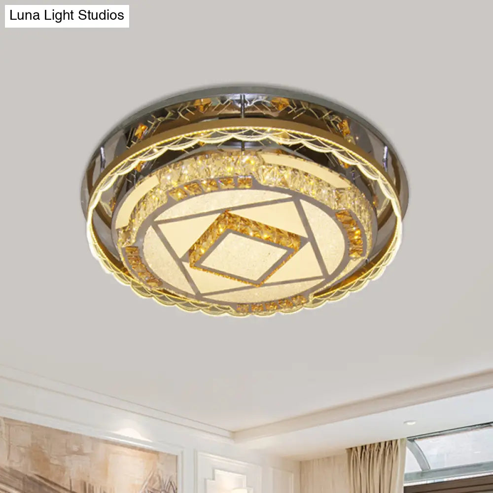 Contemporary Round Crystal Blocks Led Flush Mount Ceiling Lamp In Nickel - Perfect For Bedroom