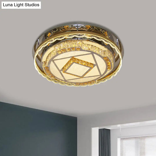 Contemporary Round Crystal Blocks Led Flush Mount Ceiling Lamp In Nickel - Perfect For Bedroom