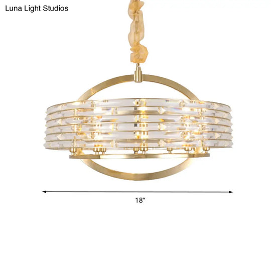 Contemporary Crystal Chandelier: 6-Head Round Ceiling Hanging Light In Brass