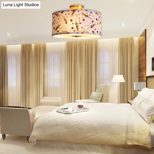Contemporary Round Fabric Ceiling Lamp For Childs Bedroom - Semi Flushmount Light White / Flower