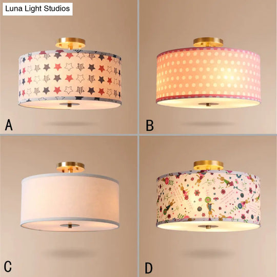 Contemporary Round Fabric Ceiling Lamp For Child’s Bedroom - Semi Flushmount Light