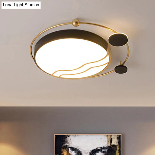 Contemporary Round Flush Mount Iron Led Flushmount With Halo Detail - White/Warm Light Black-Gold /