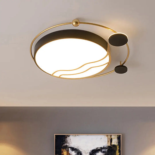 Contemporary Round Flush Mount Iron Led Flushmount With Halo Detail - White/Warm Light Black-Gold /