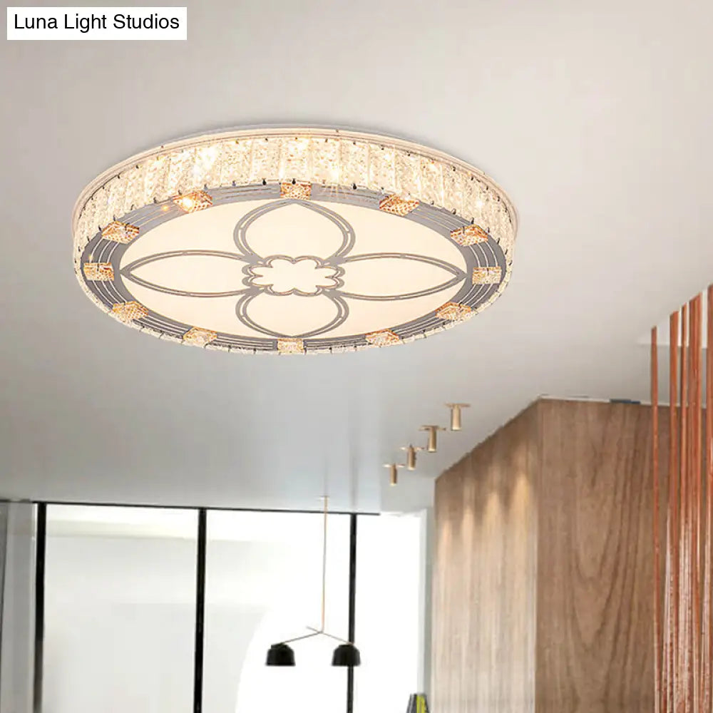 Contemporary Round Flush Mount Led Ceiling Light - White Acrylic Fixture With Crystal Accent