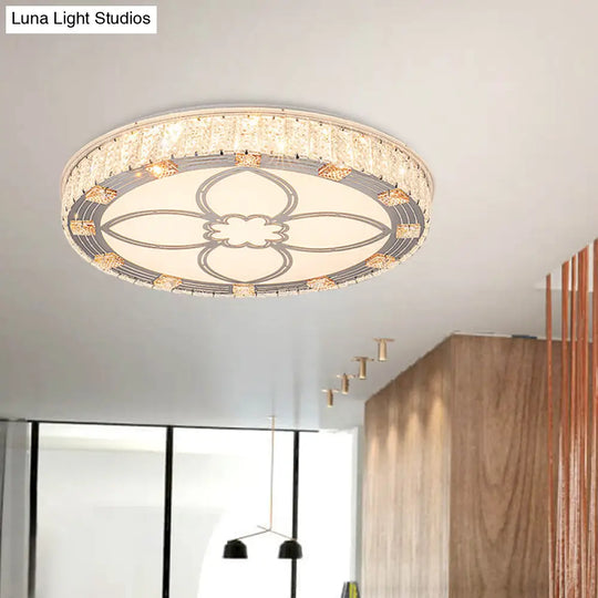 Contemporary Round Flush Mount Led Ceiling Light - White Acrylic Fixture With Crystal Accent