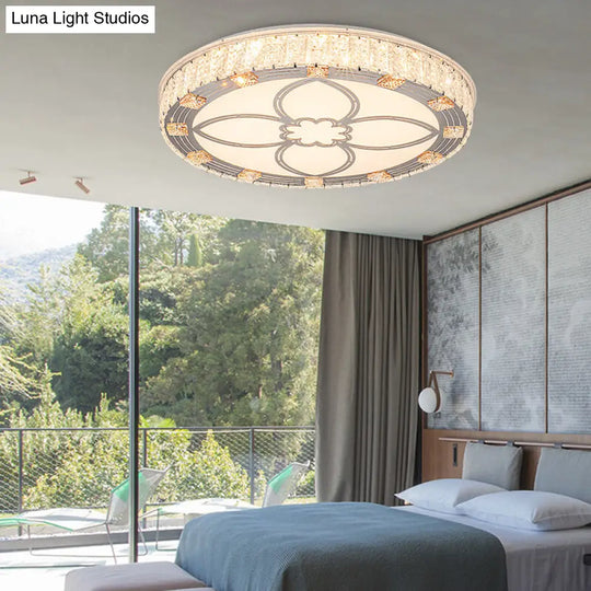 Contemporary Round Flush Mount Led Ceiling Light - White Acrylic Fixture With Crystal Accent