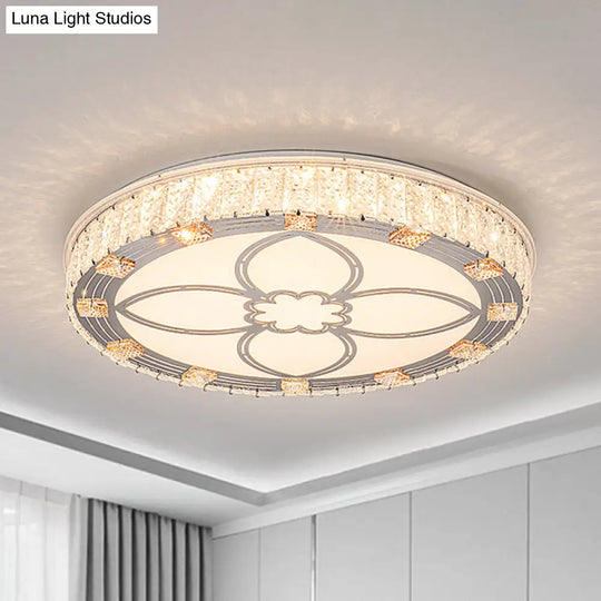 Contemporary Round Flush Mount Led Ceiling Light - White Acrylic Fixture With Crystal Accent