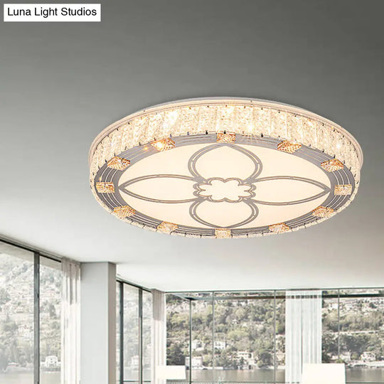 Contemporary Round Flush Mount Led Ceiling Light - White Acrylic Fixture With Crystal Accent