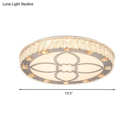 Contemporary Round Flush Mount Led Ceiling Light - White Acrylic Fixture With Crystal Accent