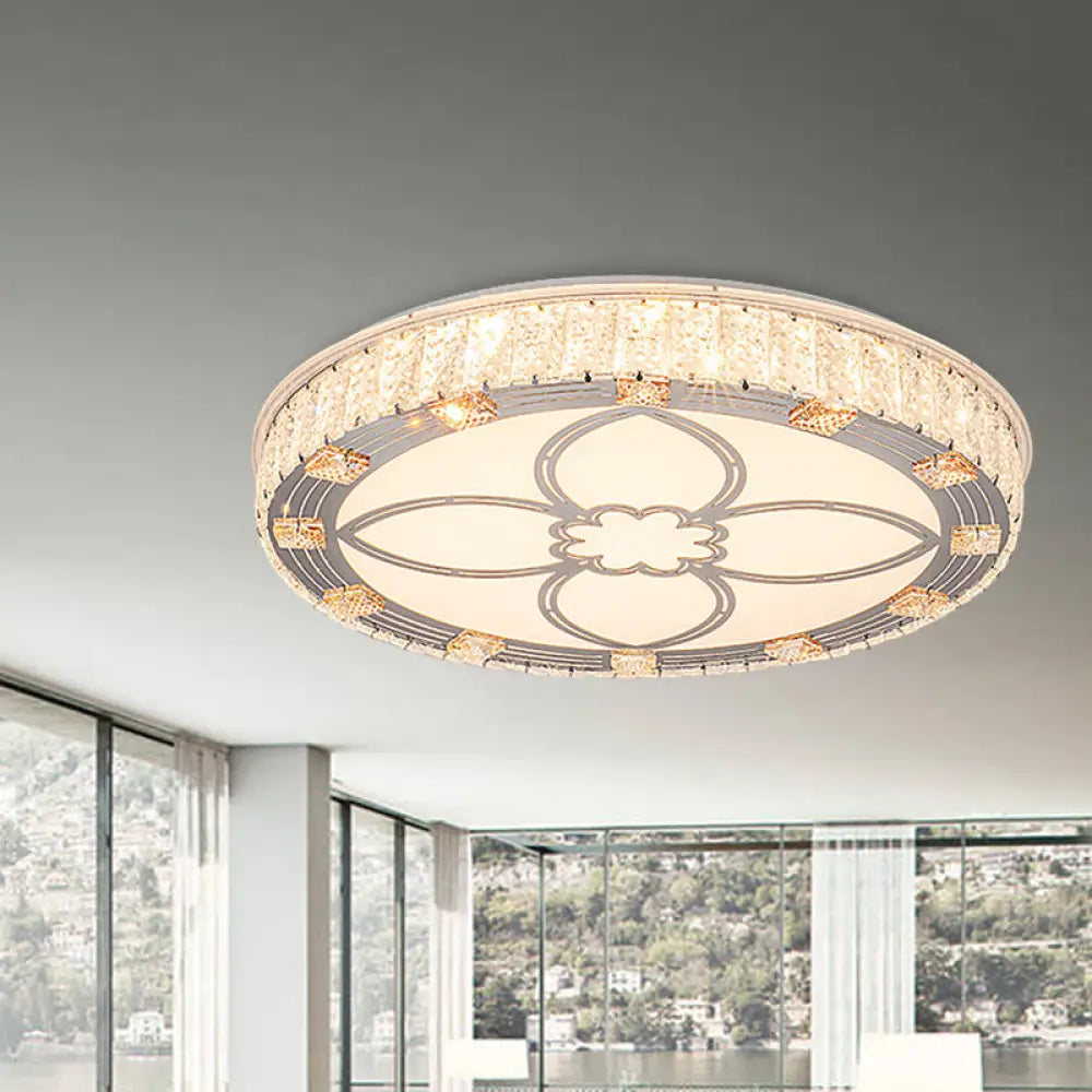 Contemporary Round Flush Mount Led Ceiling Light - White Acrylic Fixture With Crystal Accent
