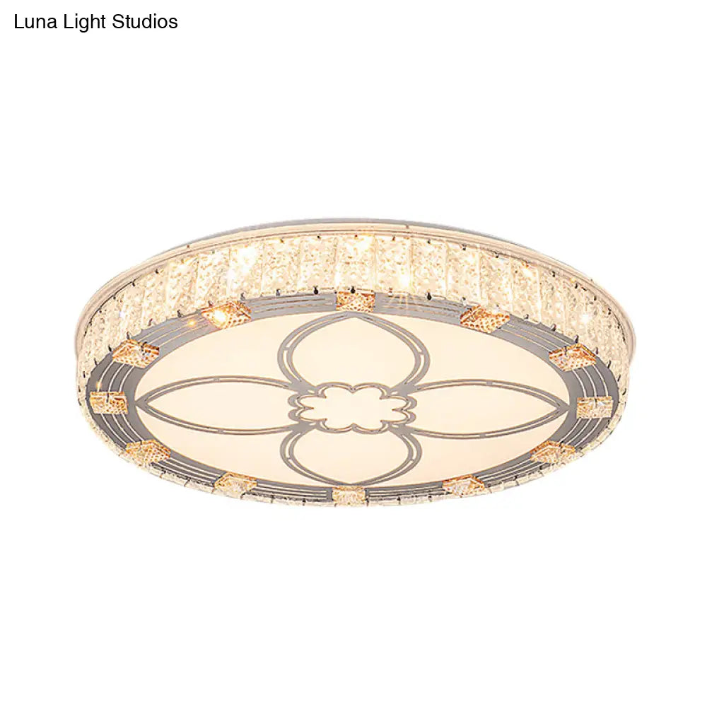 Contemporary Round Flush Mount Led Ceiling Light - White Acrylic Fixture With Crystal Accent