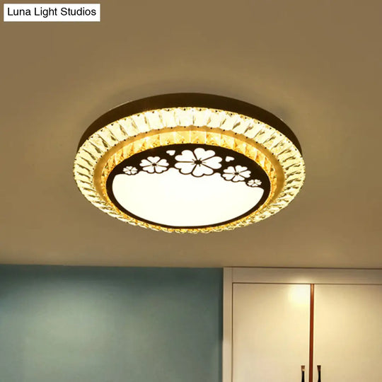 Contemporary Round Led Ceiling Flush Mount With Clear Cut Crystal & Elegant Floral/Cubical Pattern /