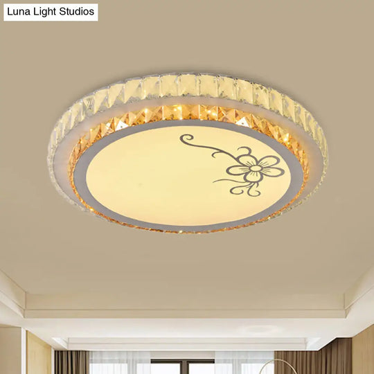 Contemporary Round Led Ceiling Flush Mount With Clear Cut Crystal & Elegant Floral/Cubical Pattern /