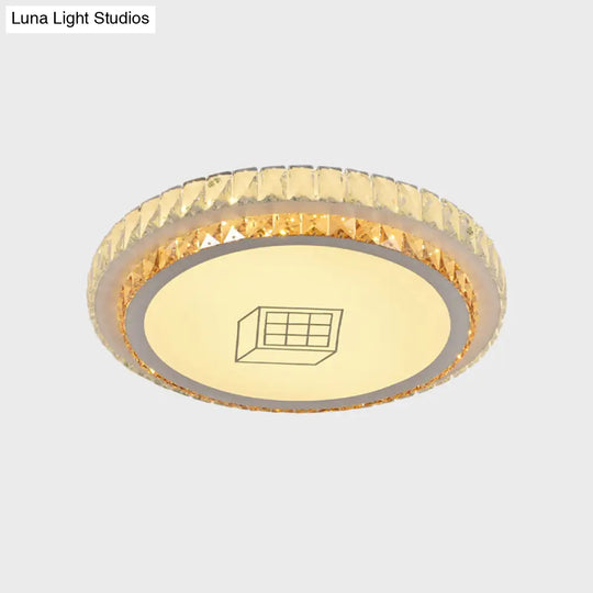 Contemporary Round Led Ceiling Flush Mount With Clear Cut Crystal & Elegant Floral/Cubical Pattern