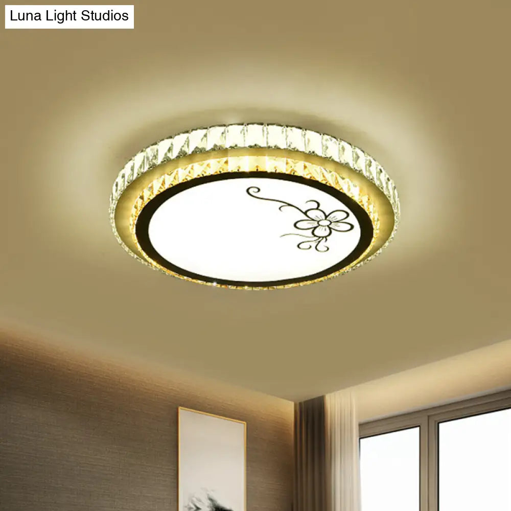 Contemporary Round Led Ceiling Flush Mount With Clear Cut Crystal & Elegant Floral/Cubical Pattern