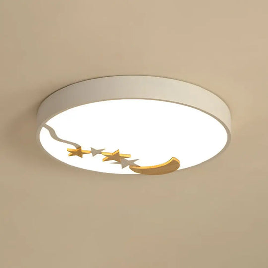 Contemporary Round Metal Led Close To Ceiling Lamp With Wooden Moon And Star Decoration -