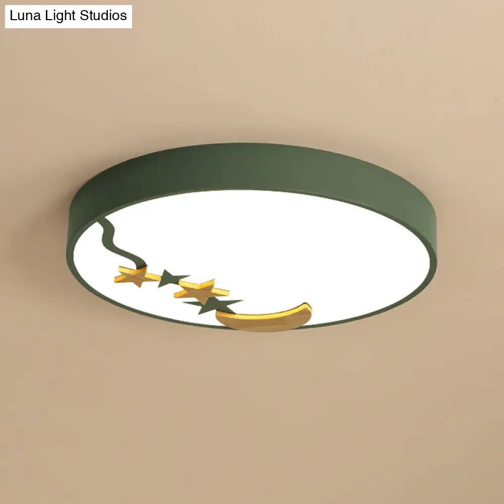 Contemporary Round Metal Led Close To Ceiling Lamp With Wooden Moon And Star Decoration -