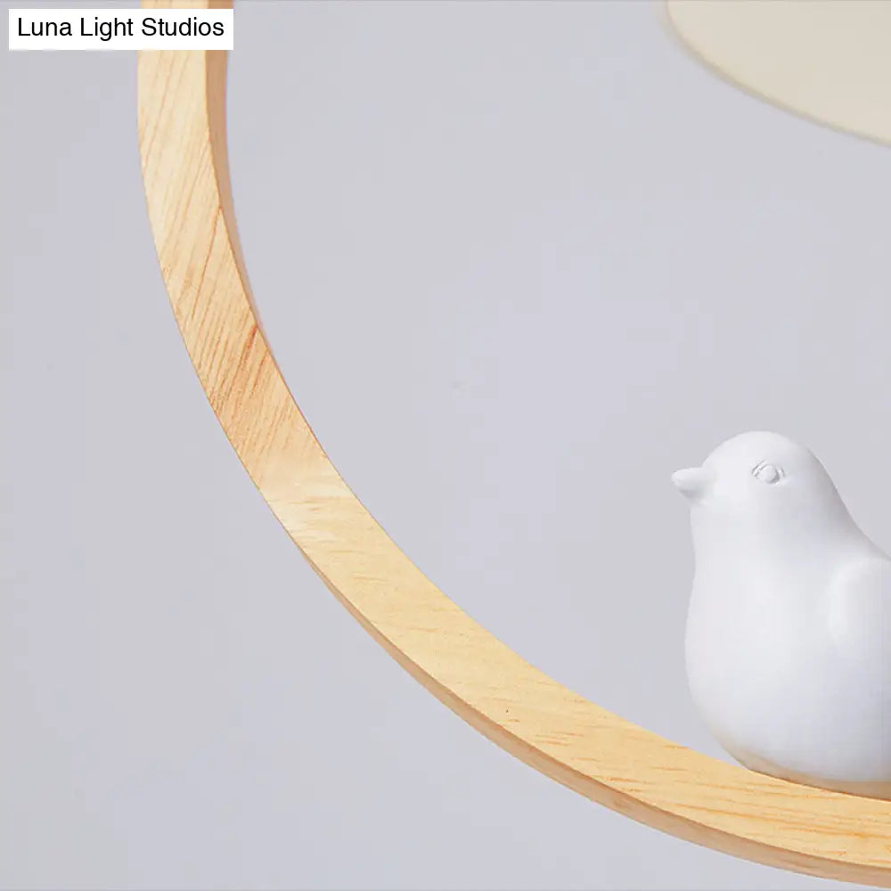 Contemporary Round Natural Wood Pendant Light - Bedroom Hanging Lamp With Bird Accent