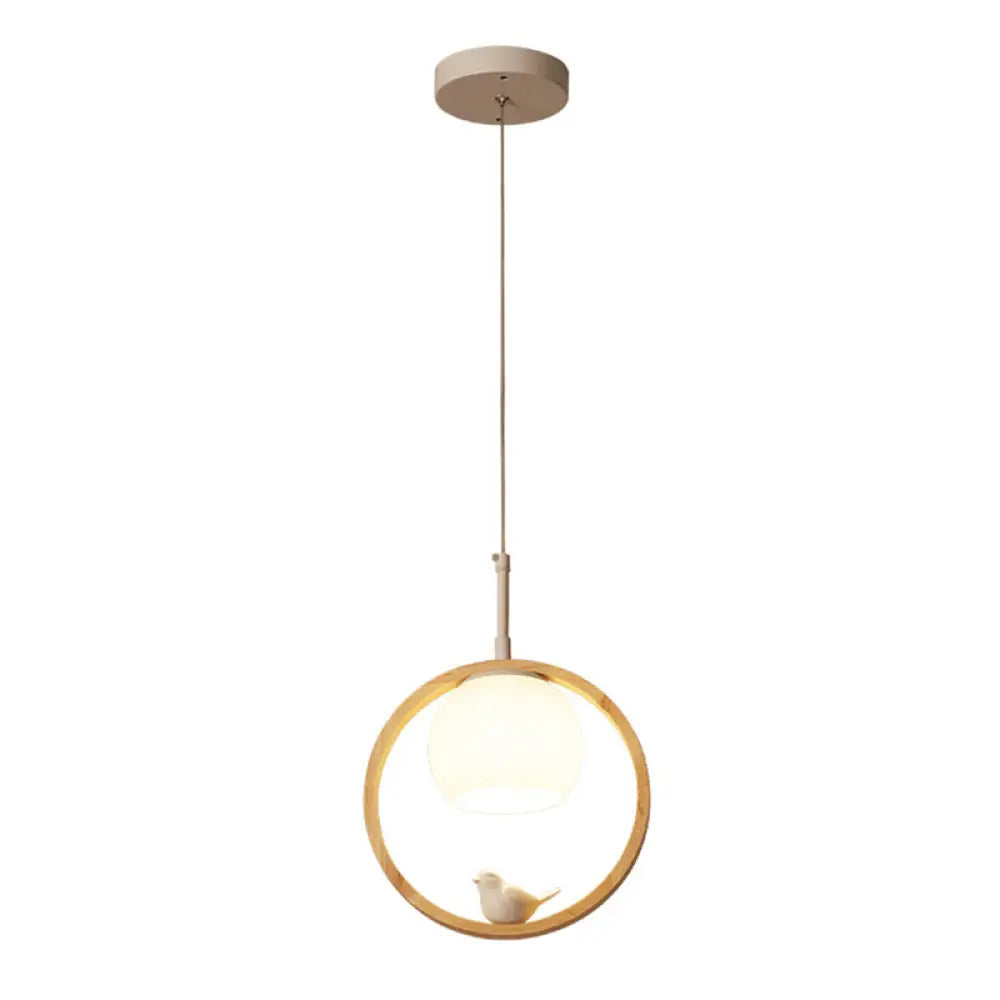 Contemporary Round Natural Wood Pendant Light - Bedroom Hanging Lamp With Bird Accent