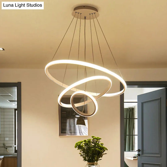 Contemporary Round Pendant Led Chandelier For Dining Room In White/Coffee - 2/3 Tier Design