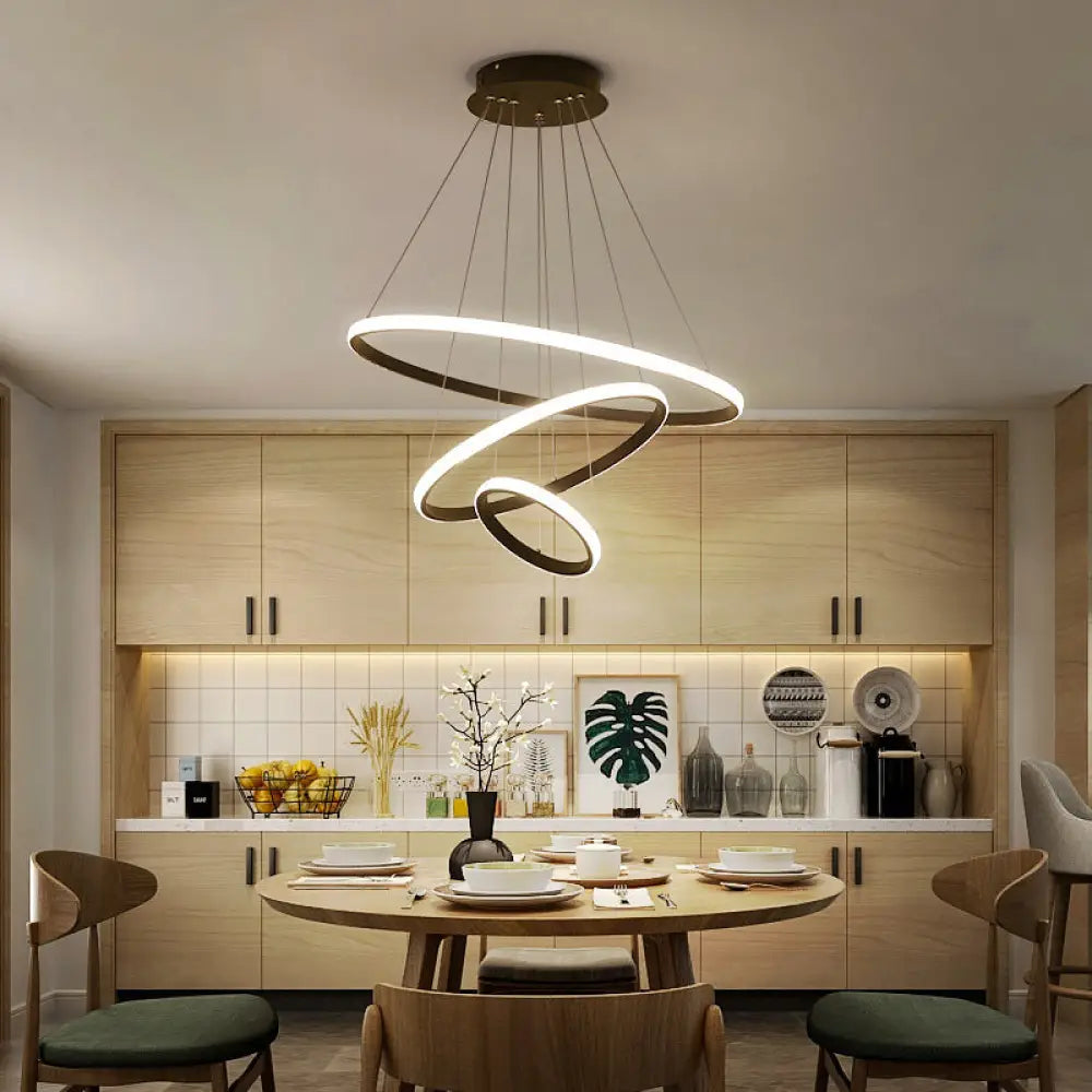 Contemporary Round Pendant Led Chandelier For Dining Room In White/Coffee - 2/3 Tier Design Coffee