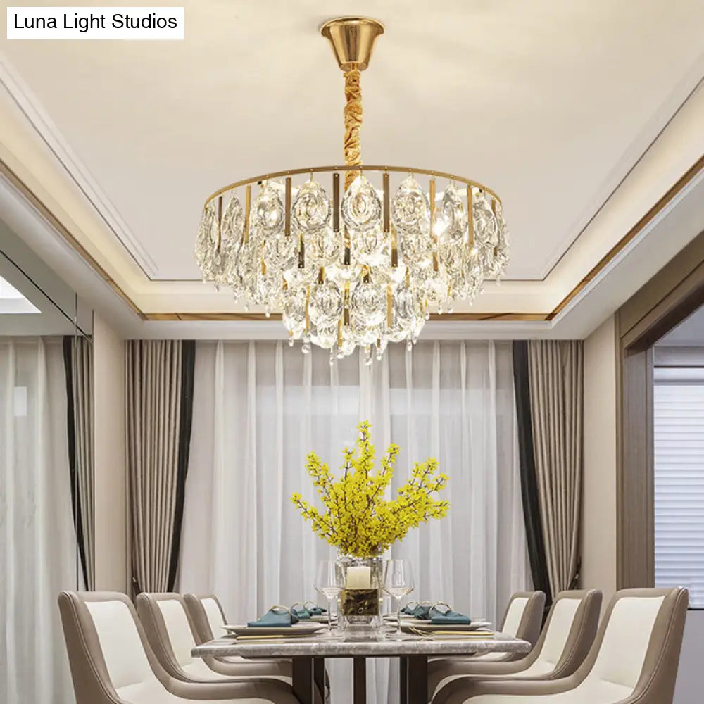 Contemporary Gold Chandelier: Round Teardrop Crystal Hanging Light Kit 3/4 Lights 16/19.5 Wide