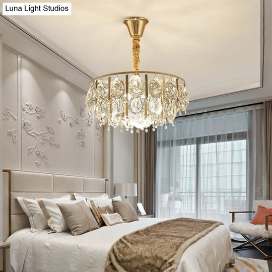 Contemporary Round Teardrop Crystal Hanging Light Kit: 3/4 Lights Gold Chandelier 16’/19.5’ Wide