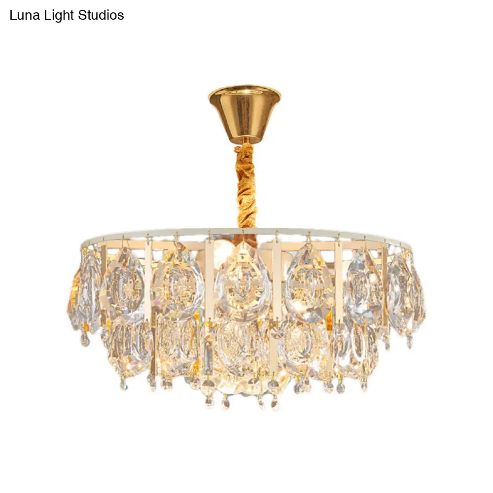 Contemporary Gold Chandelier: Round Teardrop Crystal Hanging Light Kit 3/4 Lights 16/19.5 Wide