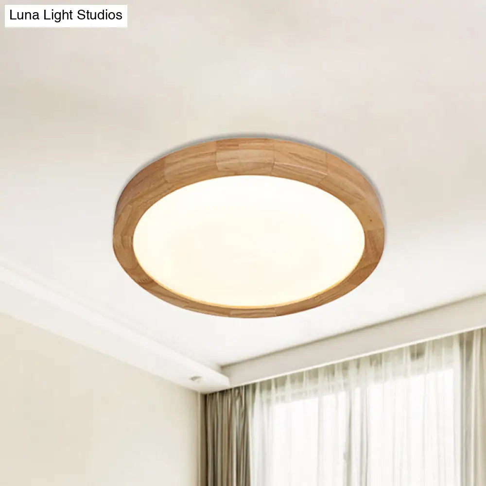 Contemporary Round Wood Flush Light Fixture For Bedroom - Single Ceiling Lamp (12/16 Dia) In