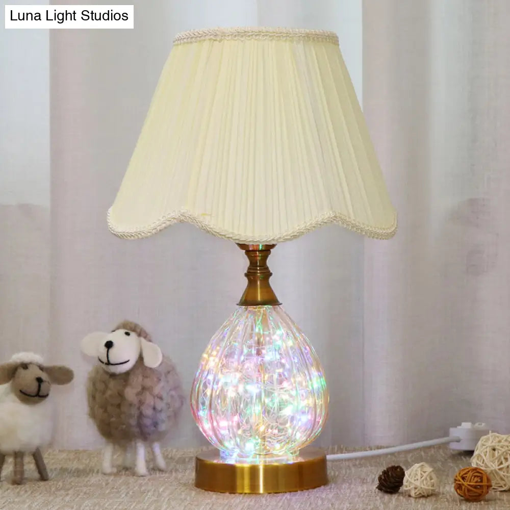 Contemporary Scalloped Fabric Table Light With Brass Glass Body - White Reading Lamp