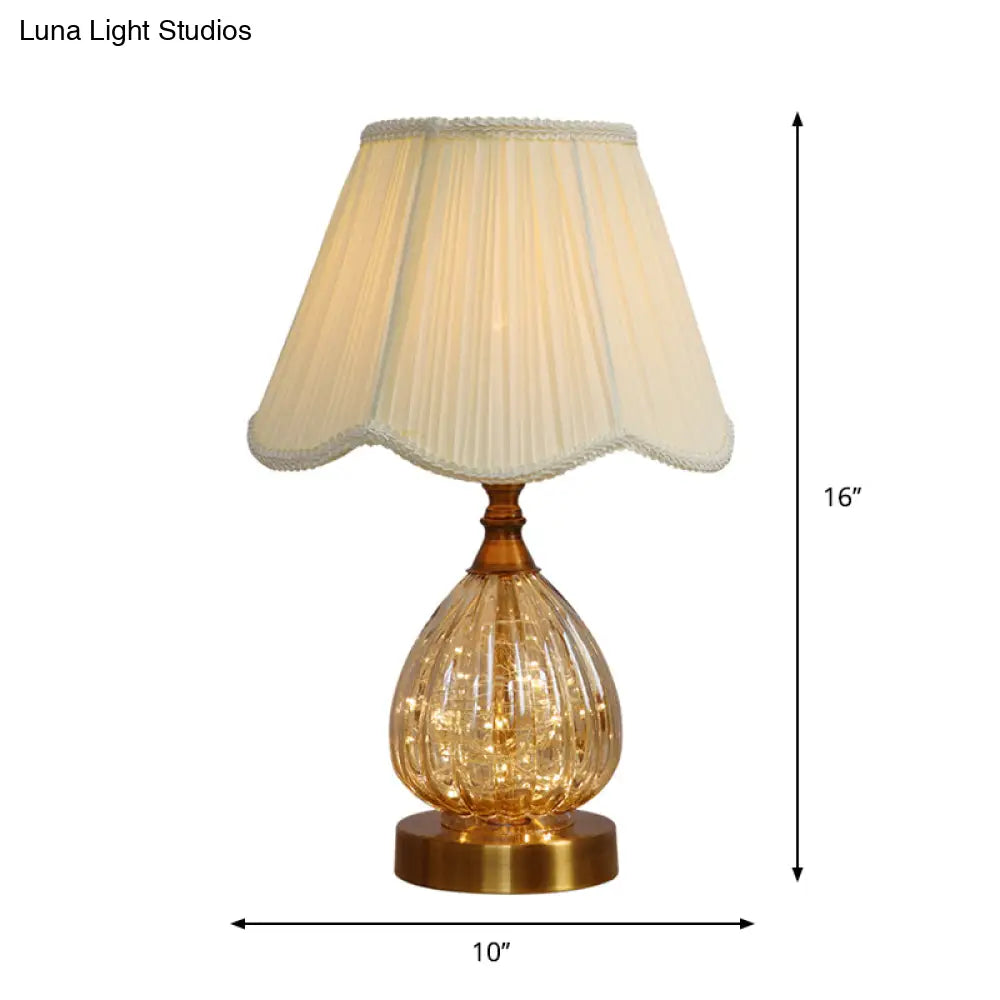 Contemporary Scalloped Fabric Table Light With Brass Glass Body - White Reading Lamp