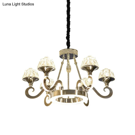 Contemporary Scrolled Arm Ceiling Light With Clear Crystal Block 6-Bulb Chandelier In Chrome Finish